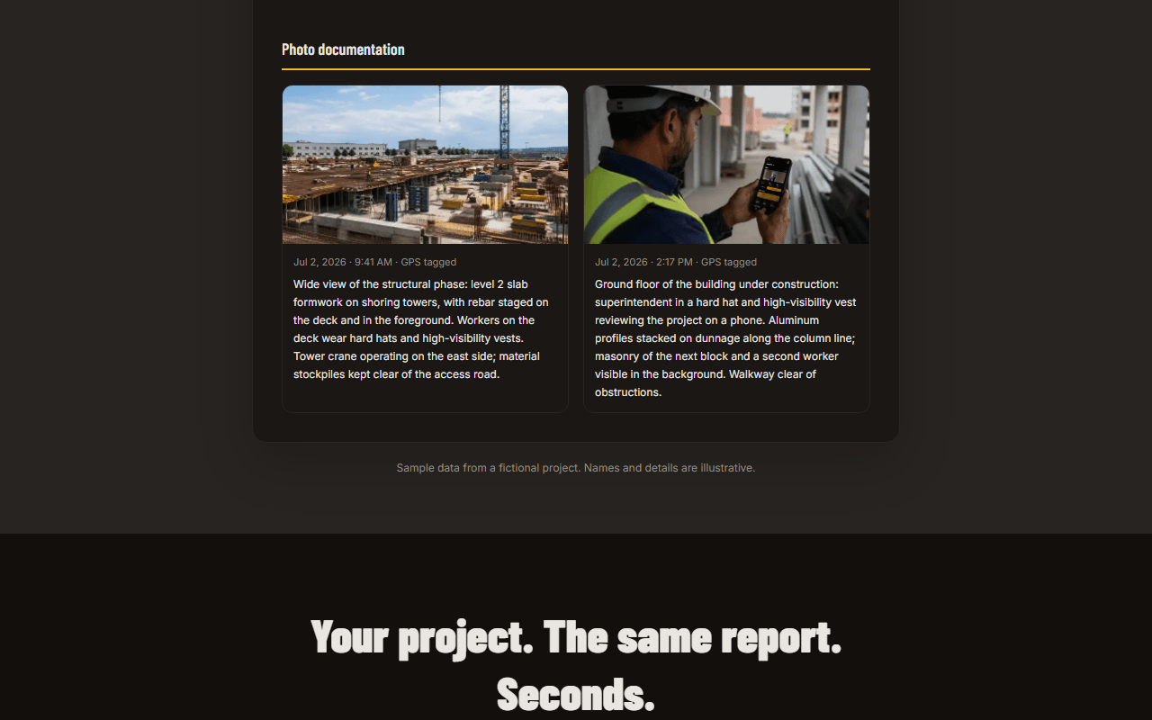Photo documentation section of the ConstruLog sample report: two site photos, each with its date, time, GPS tag and AI-written description