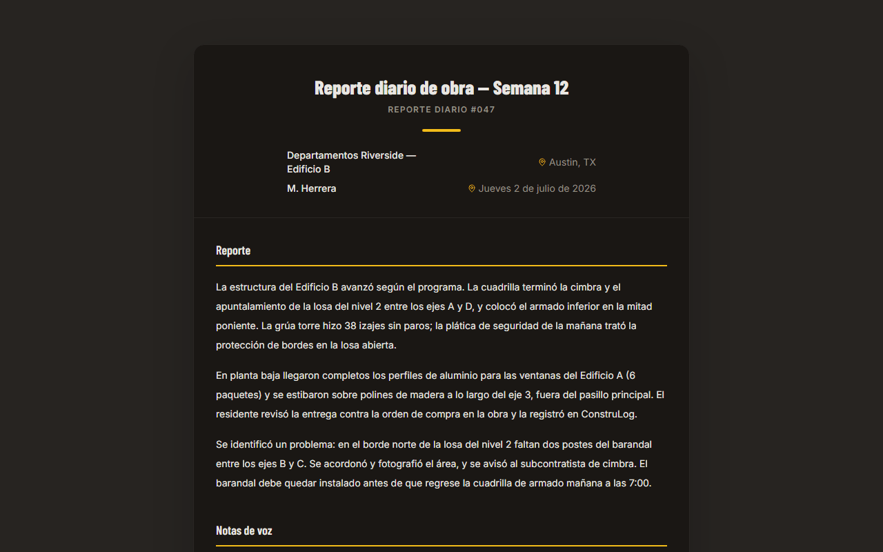 Primera página de un reporte diario de ejemplo en ConstruLog: título, número de reporte, proyecto, ubicación, fecha y el resumen escrito del día