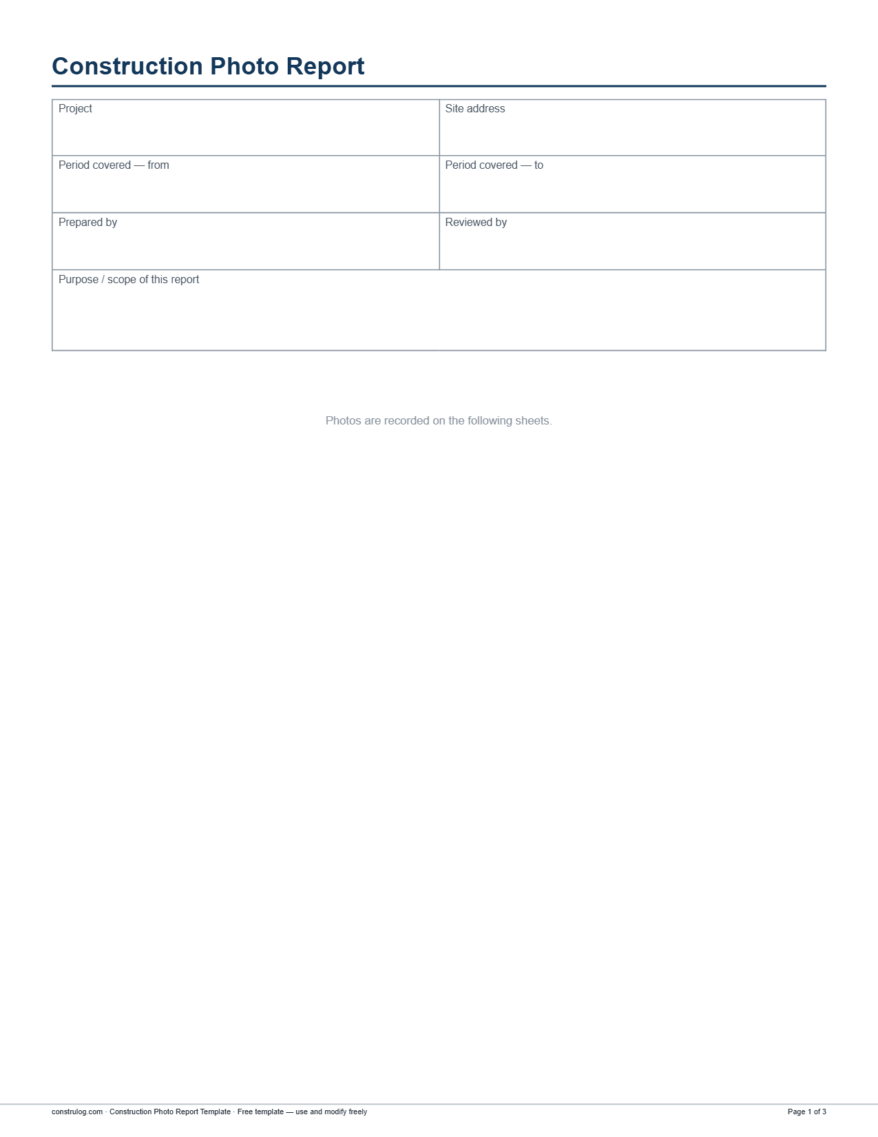 First page of the Construction Photo Report Template PDF with a cover block for project, site address, period covered, prepared by, reviewed by and purpose
