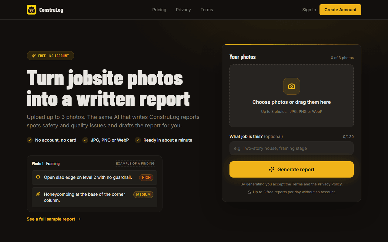 The ConstruLog try page where you add site photos and generate a report without creating an account