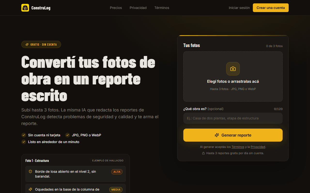 Pantalla de ConstruLog para probar el generador de reportes sin crear una cuenta
